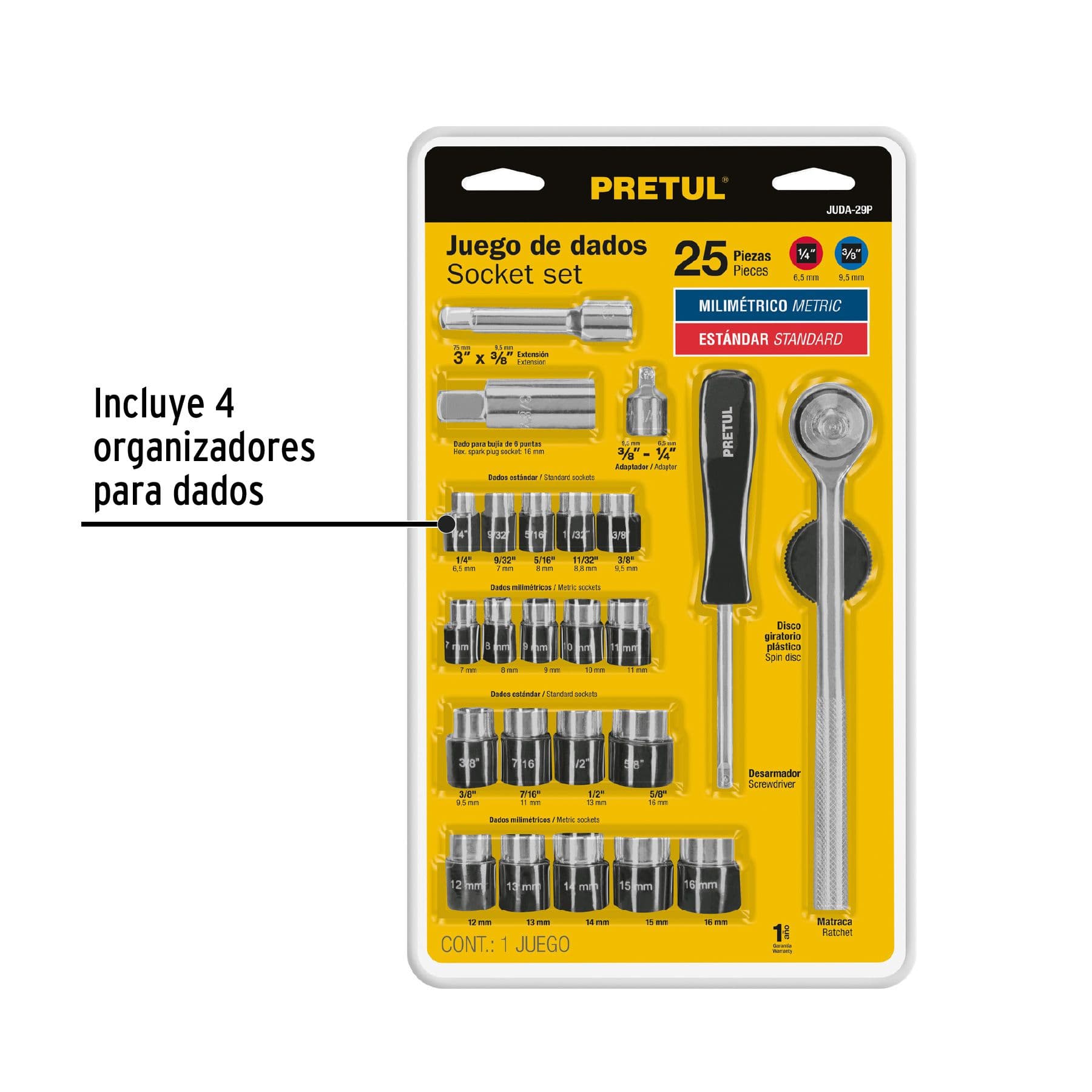 JUEGO 25 PZAS DADOS 1/4" Y 3/8" PRETUL (23974)